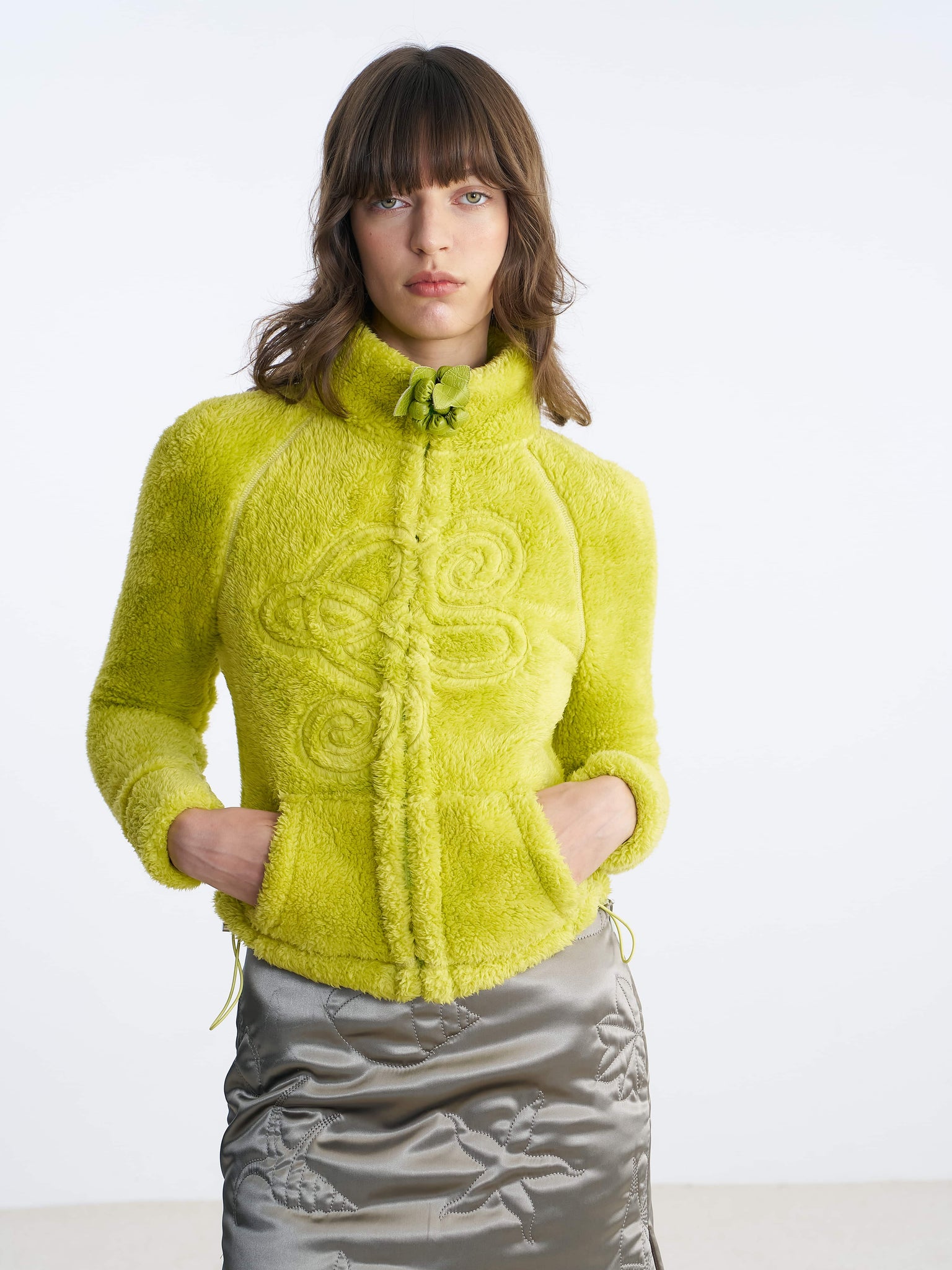 Yellow-green Logo-embroidery polar fleece jacket Front
