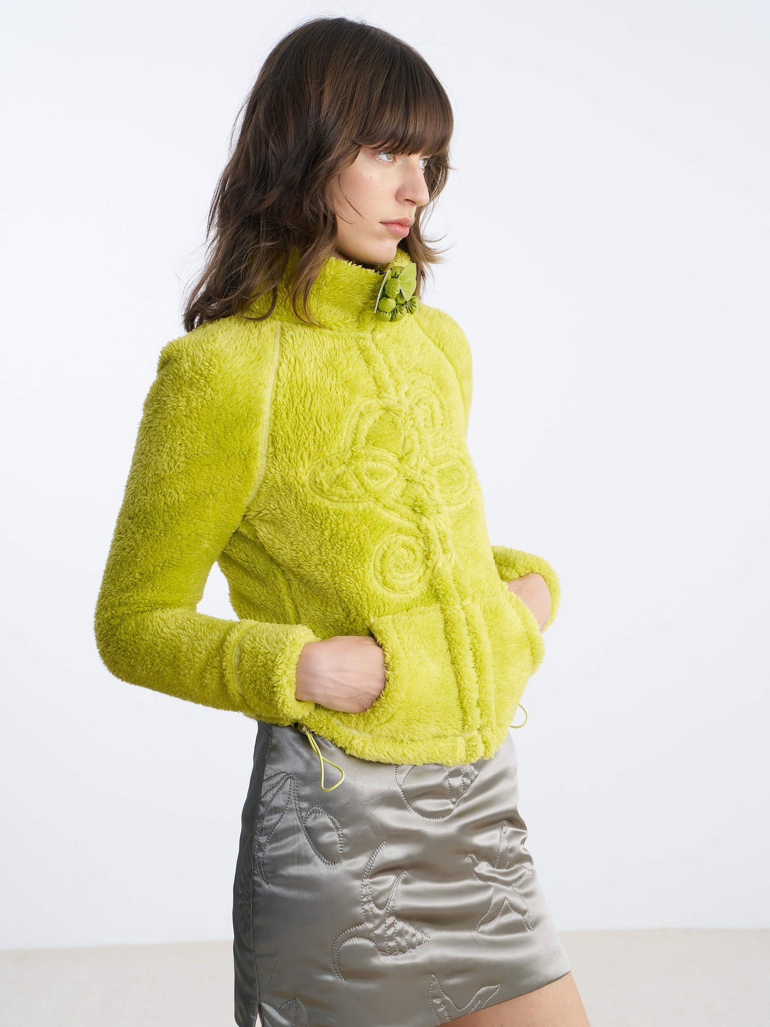 Yellow-green Logo-embroidery polar fleece jacket detail