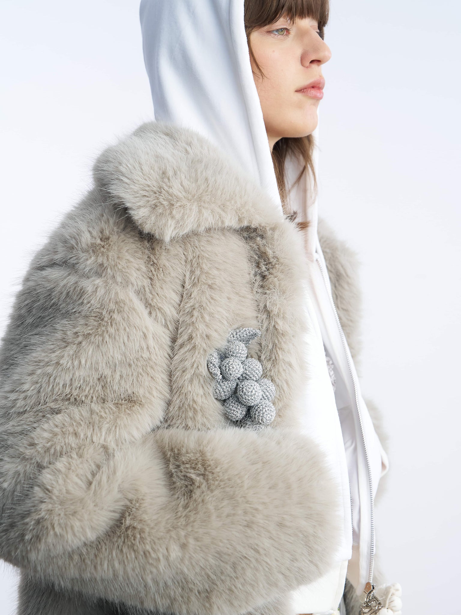 Gray plush coat detail
