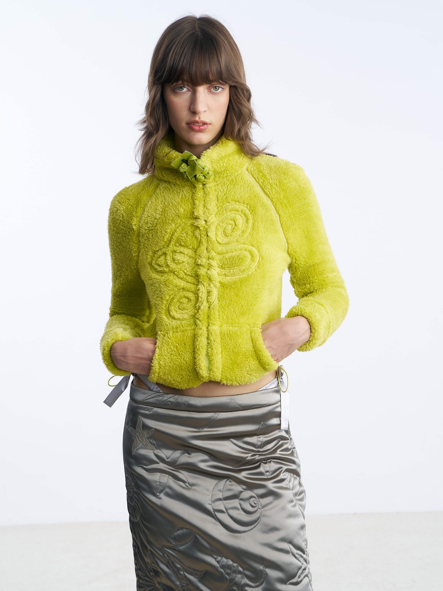 Yellow-green Logo-embroidery polar fleece jacket detail