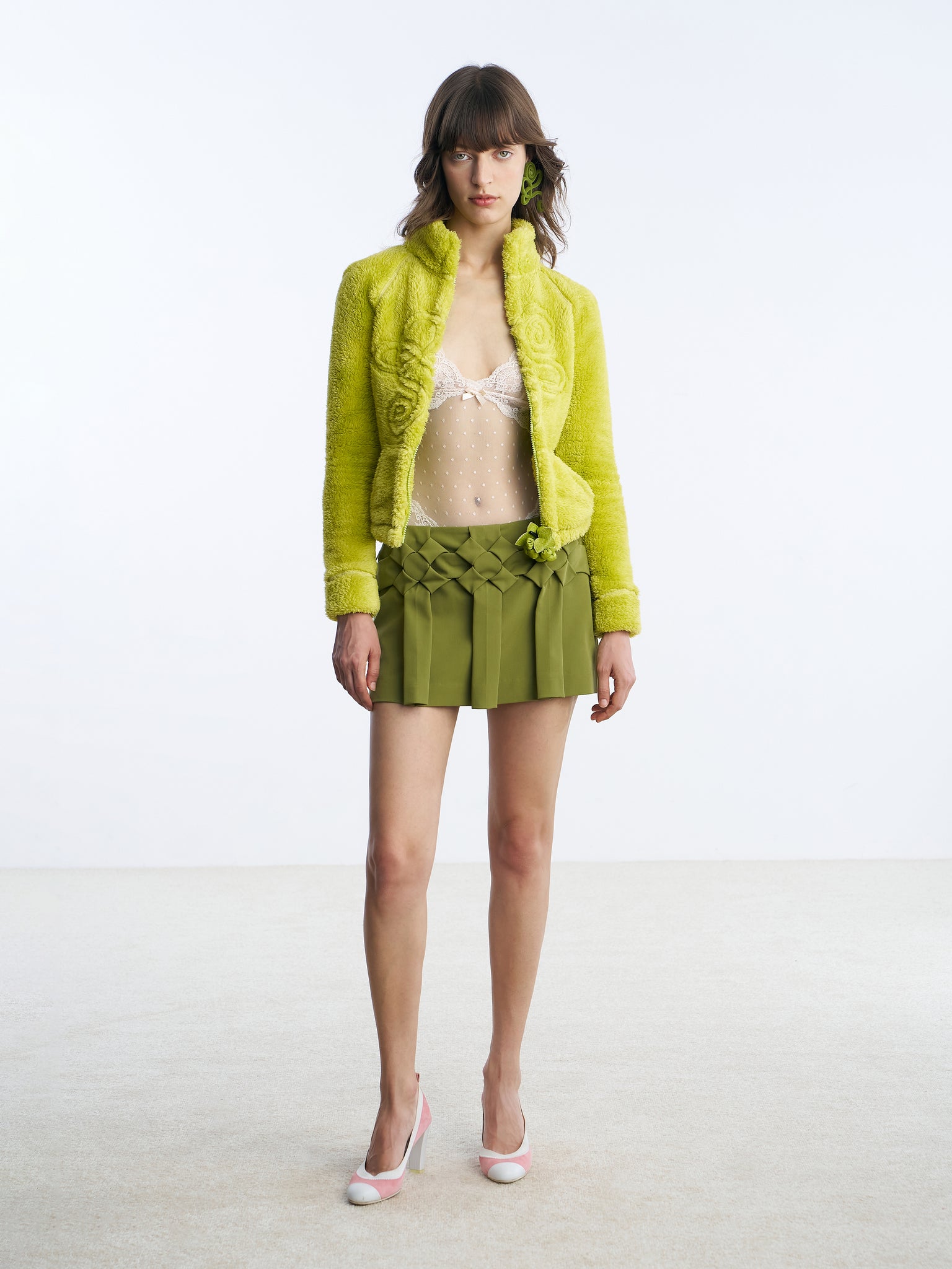 Green flower pleats pant-skirt Front