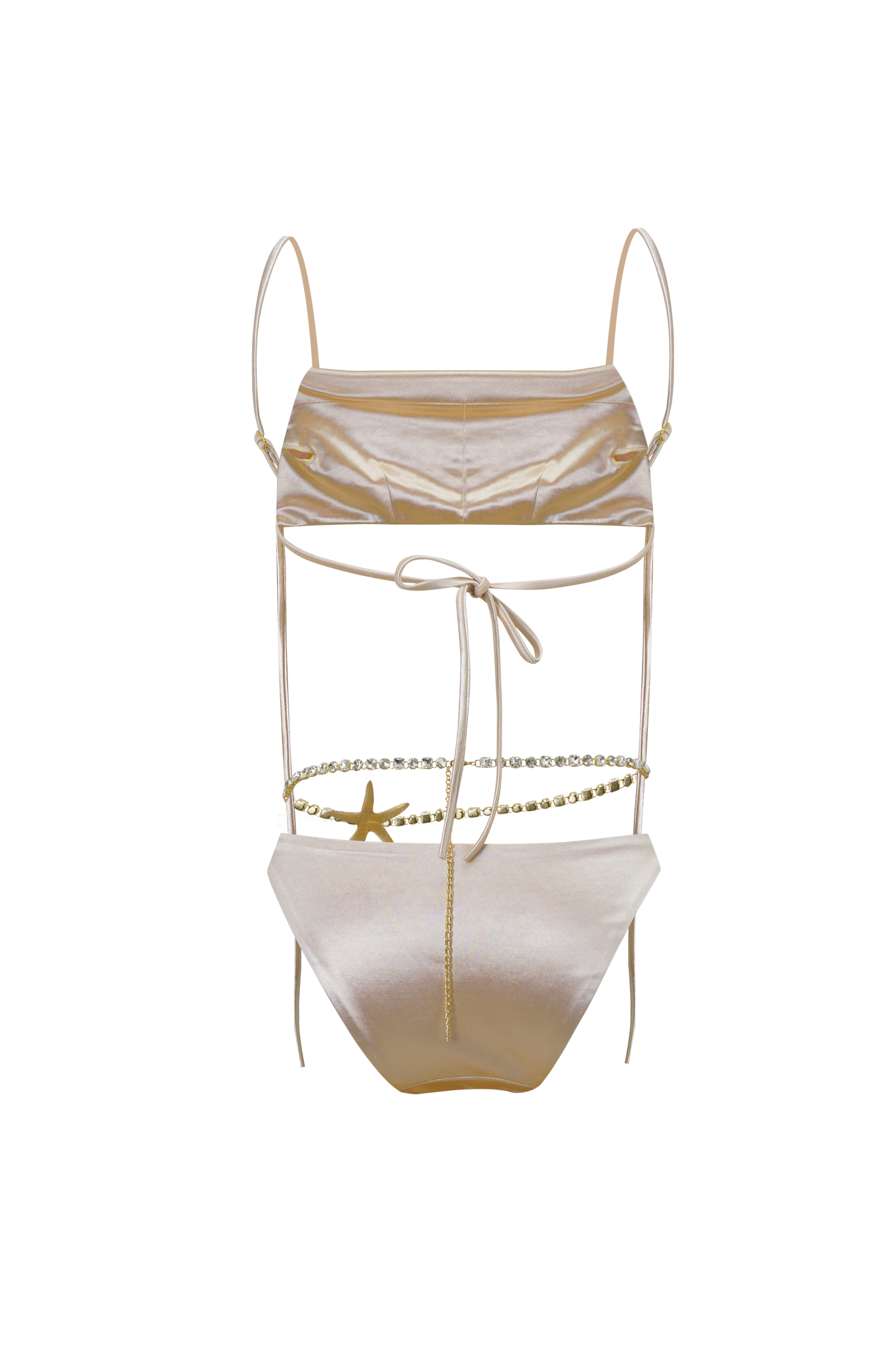 Champagne Satin Swimsuit with Starfish Embellishment, Rhinestone Chain