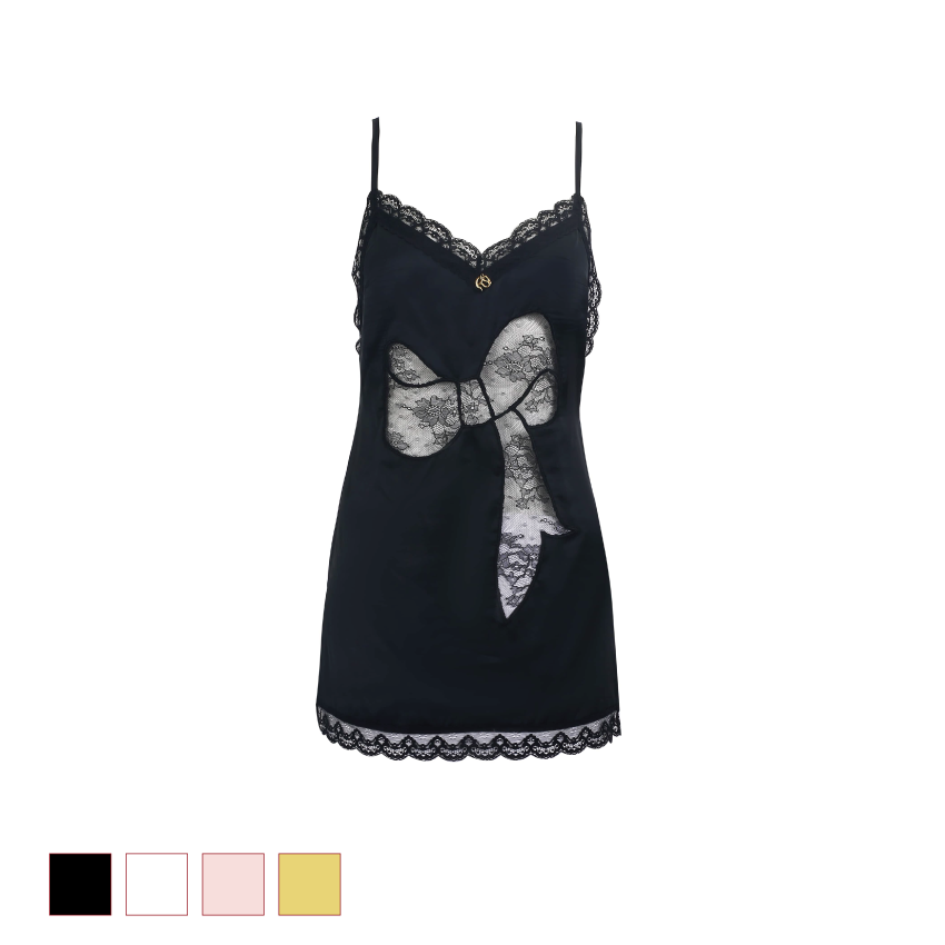 Bowknot Embroidered Lace Slip Dress balck