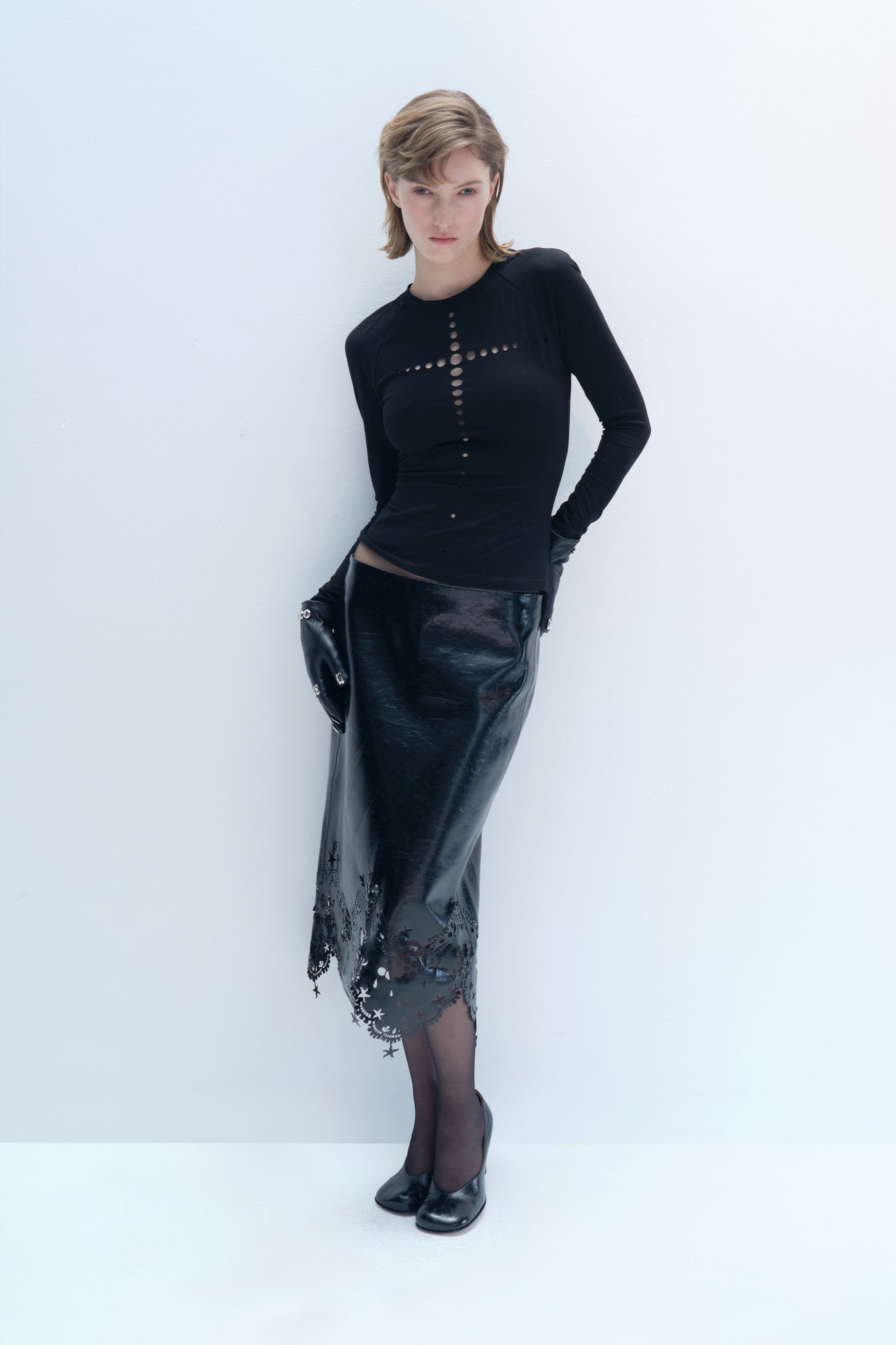 Laser-Cut Lace Leather Skirt