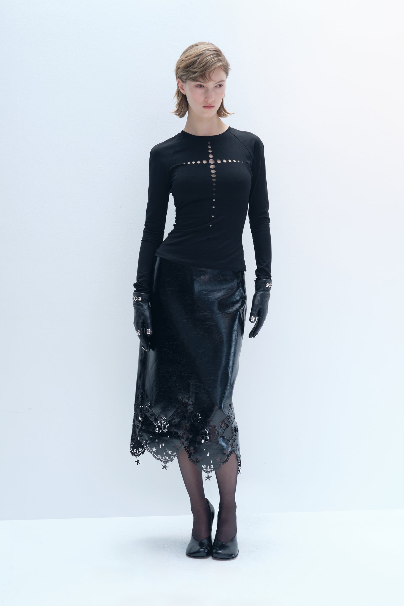 Laser-Cut Lace Leather Skirt