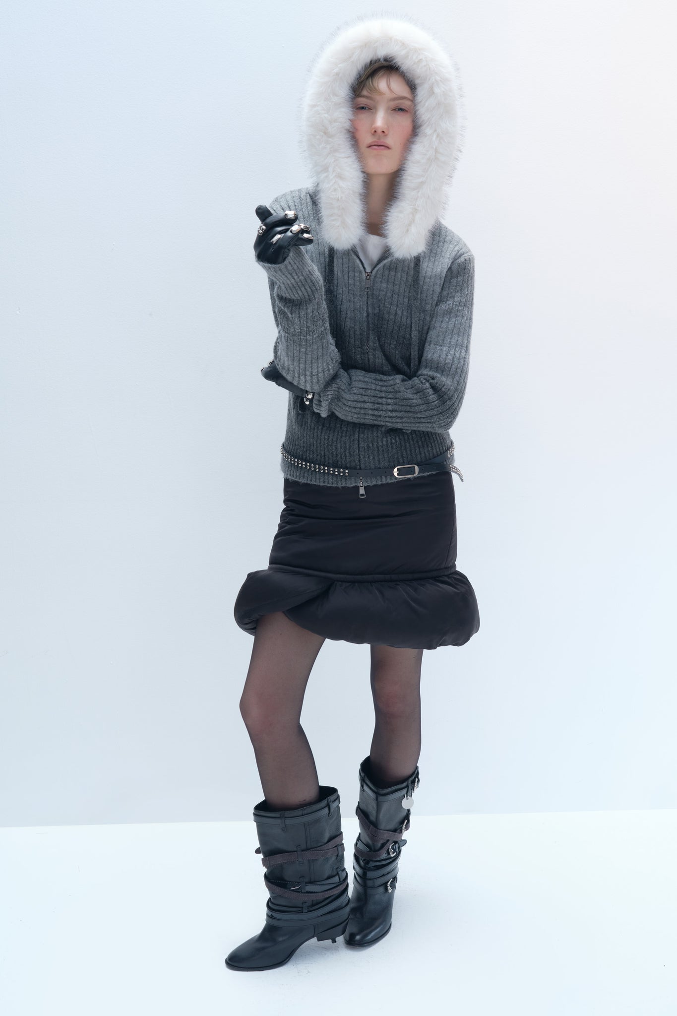 Gradient Grey Cardigan with Fur Hat