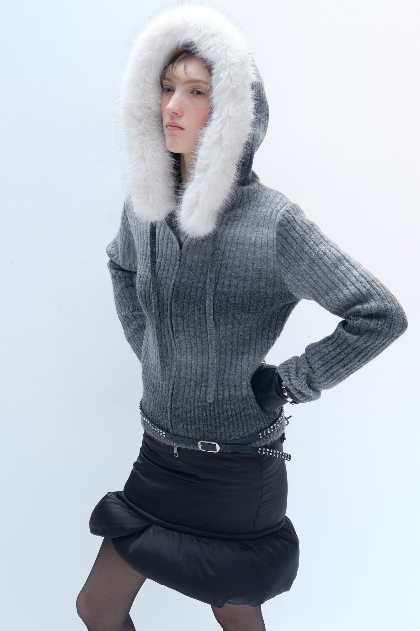 Gradient Grey Cardigan with Fur Hat