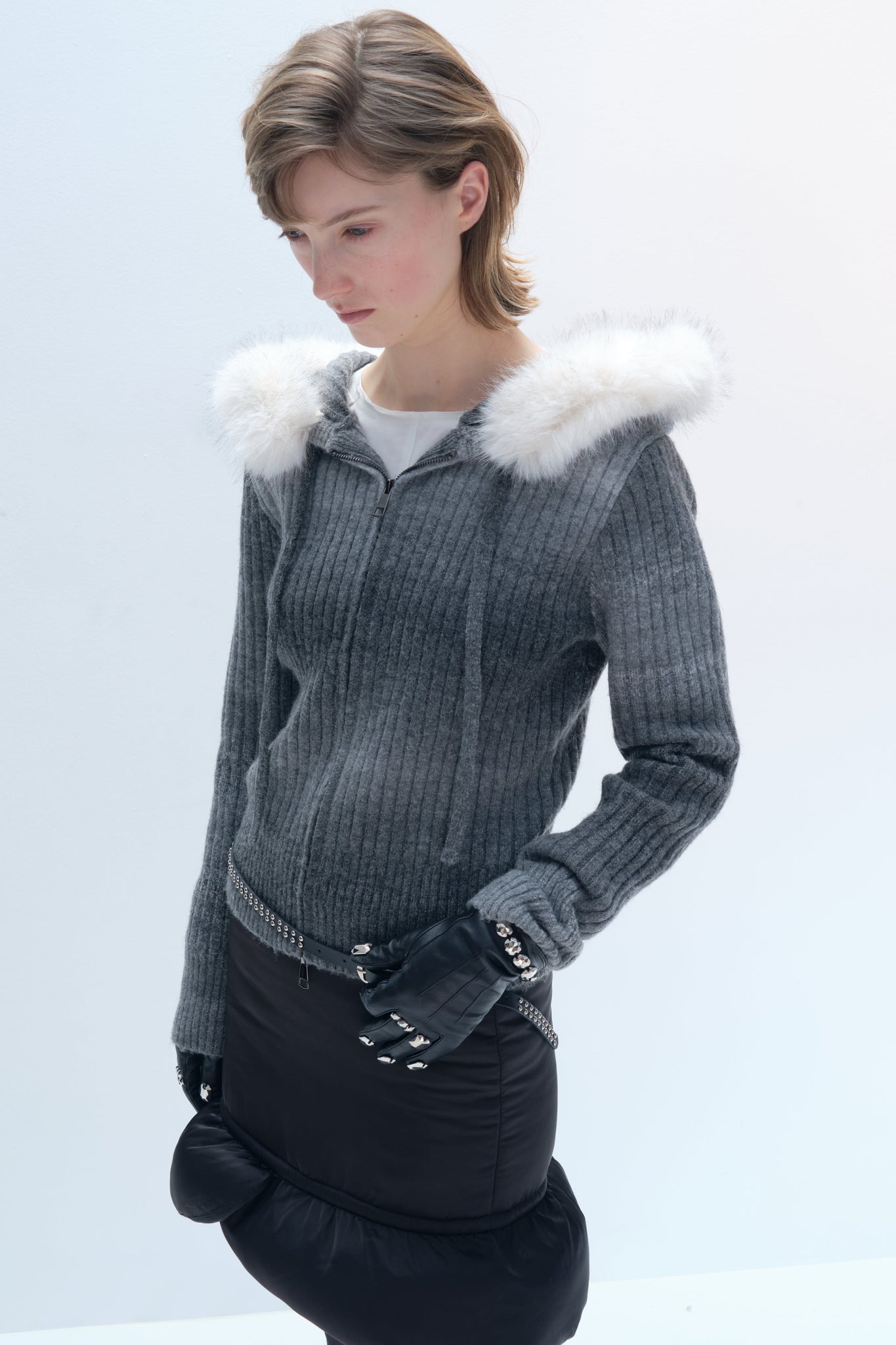 Gradient Grey Cardigan with Fur Hat