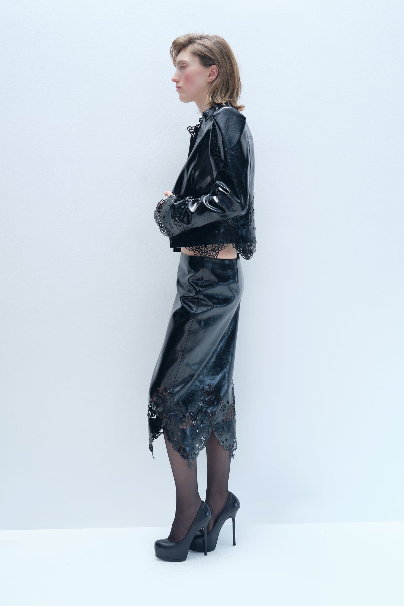 Lazercut Lace Decoration Leather Jacket