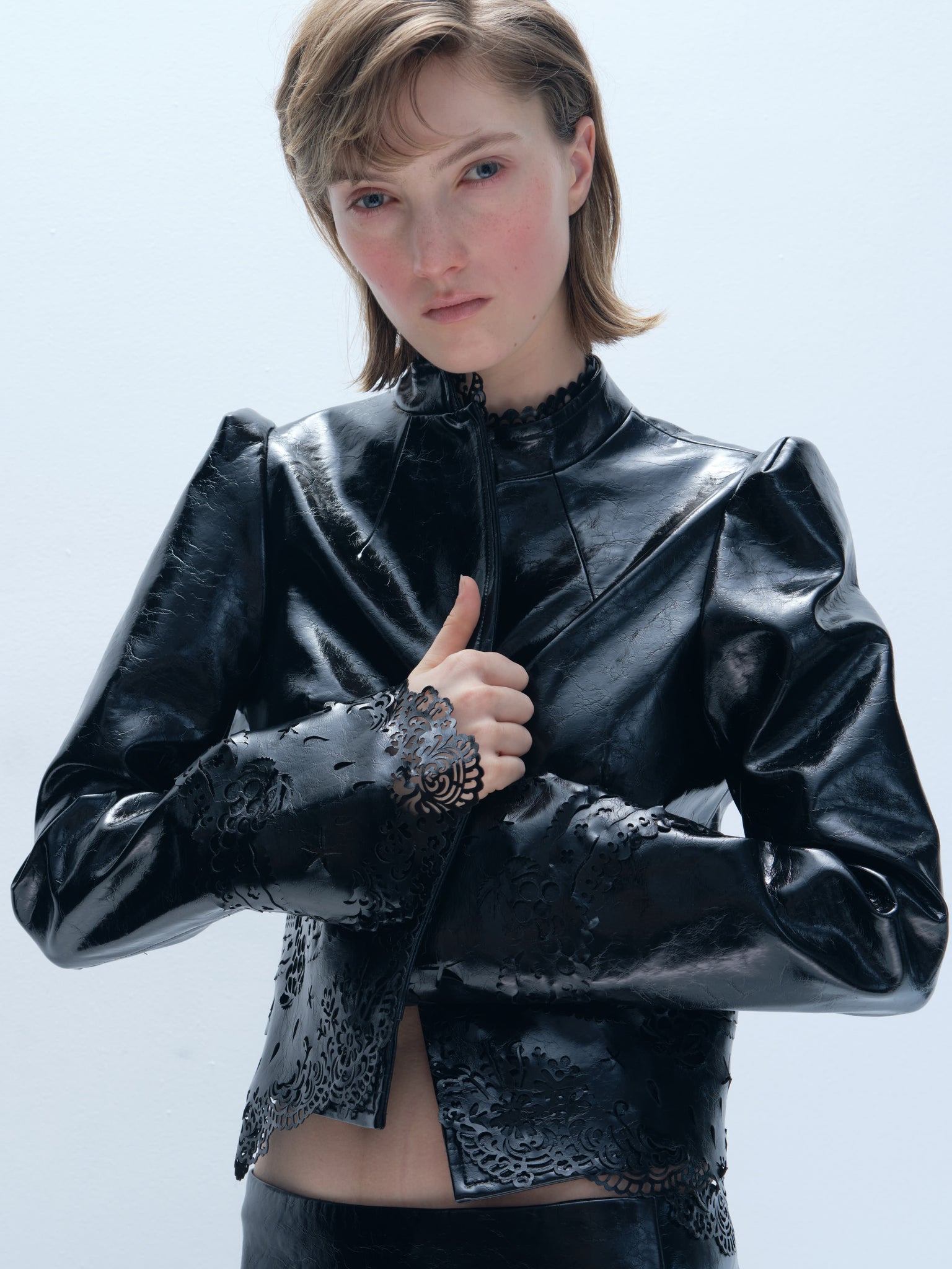 Lazercut Lace Decoration Leather Jacket