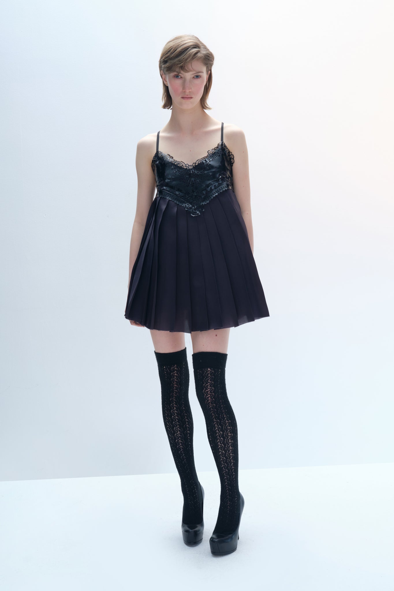 Mulberry Silk Organza with Laser-Cut Leather Embellished Dress