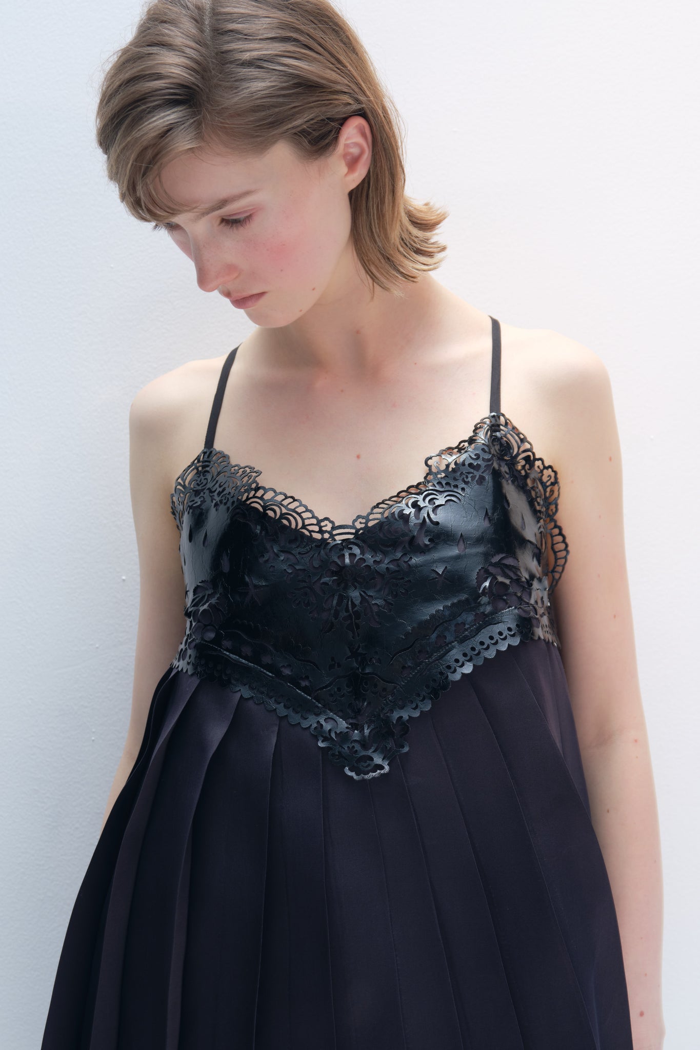 Mulberry Silk Organza with Laser-Cut Leather Embellished Dress