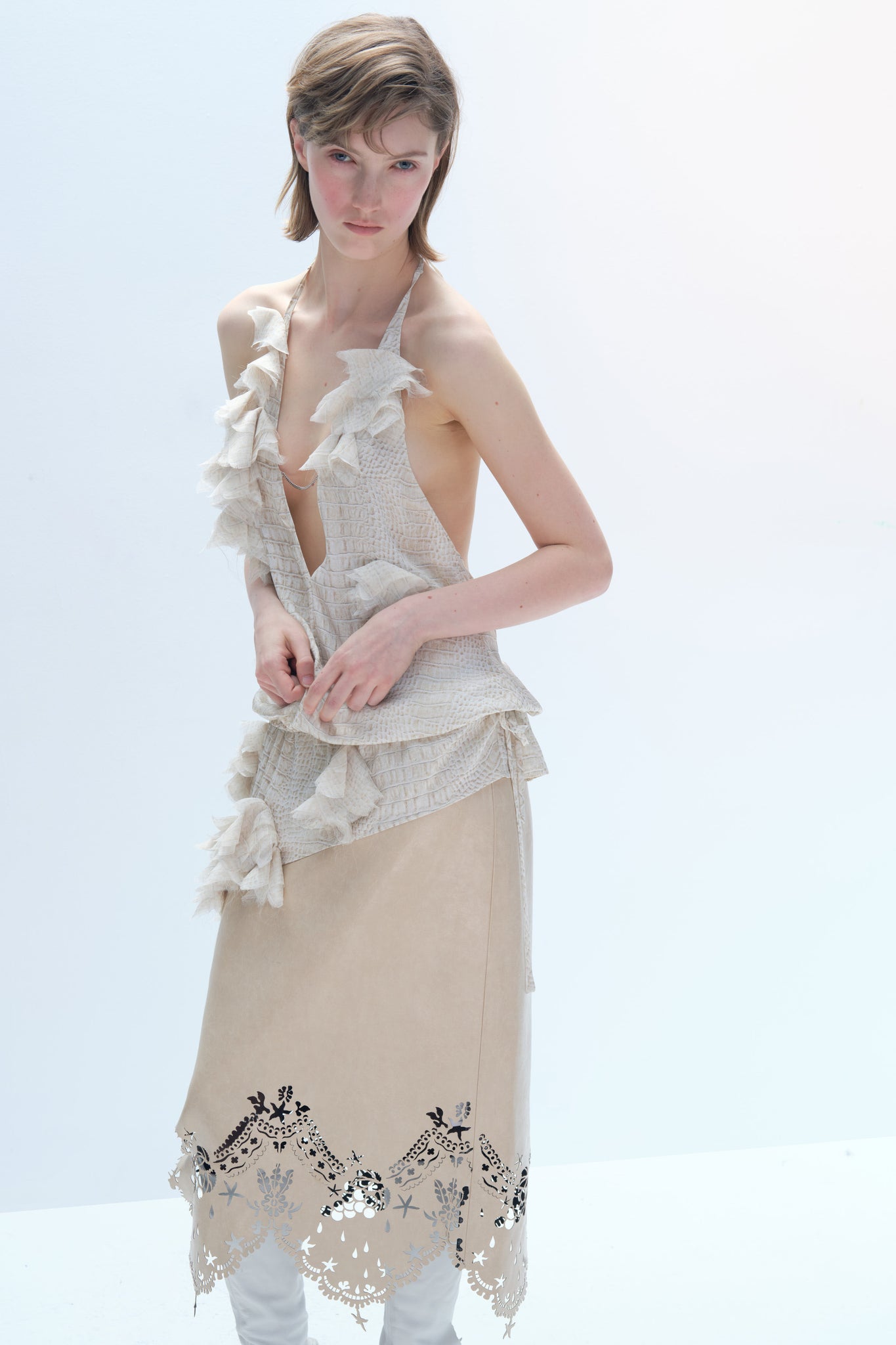 Nude Laser-Cut Lace Leather Skirt