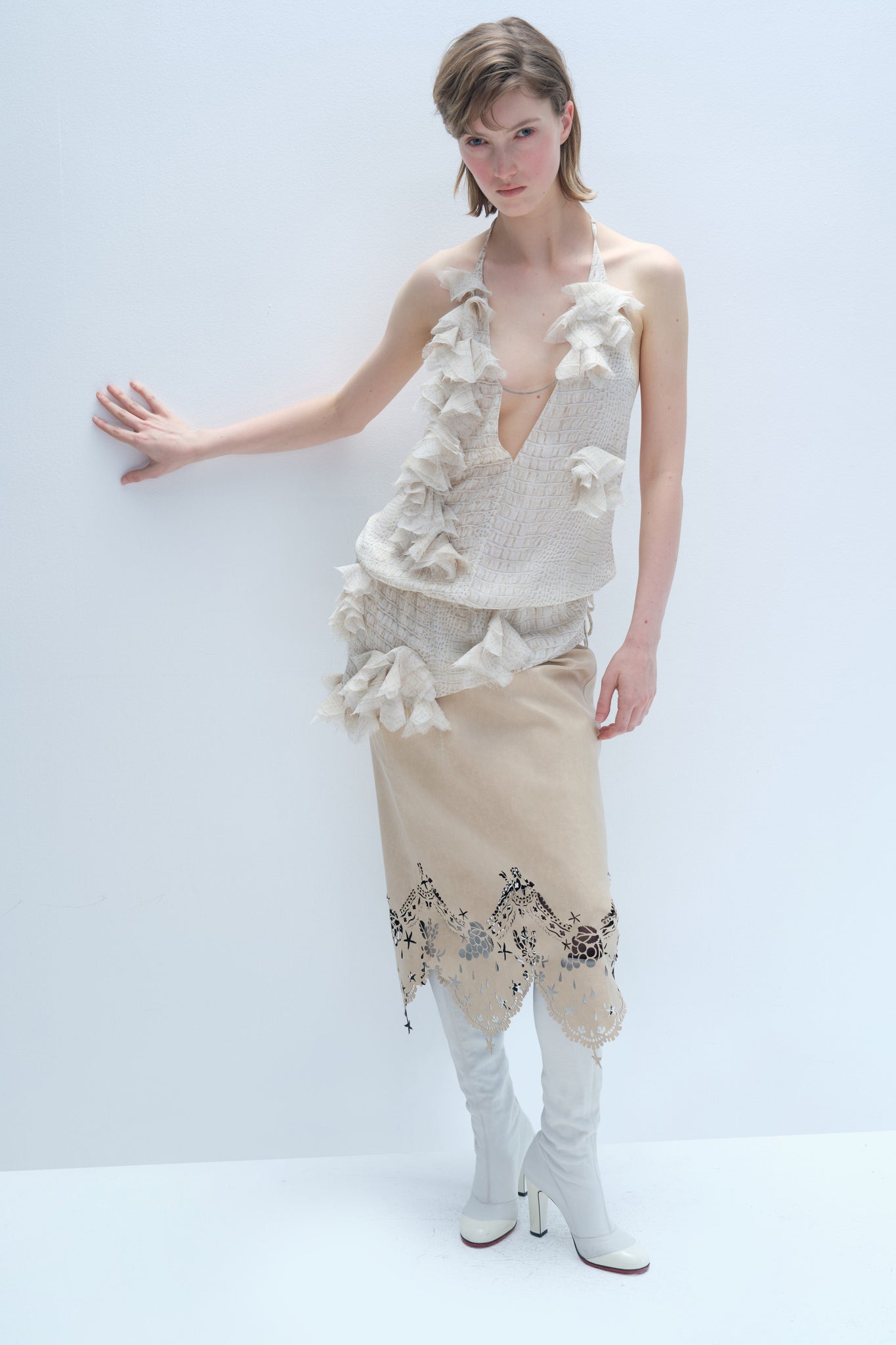 Nude Laser-Cut Lace Leather Skirt