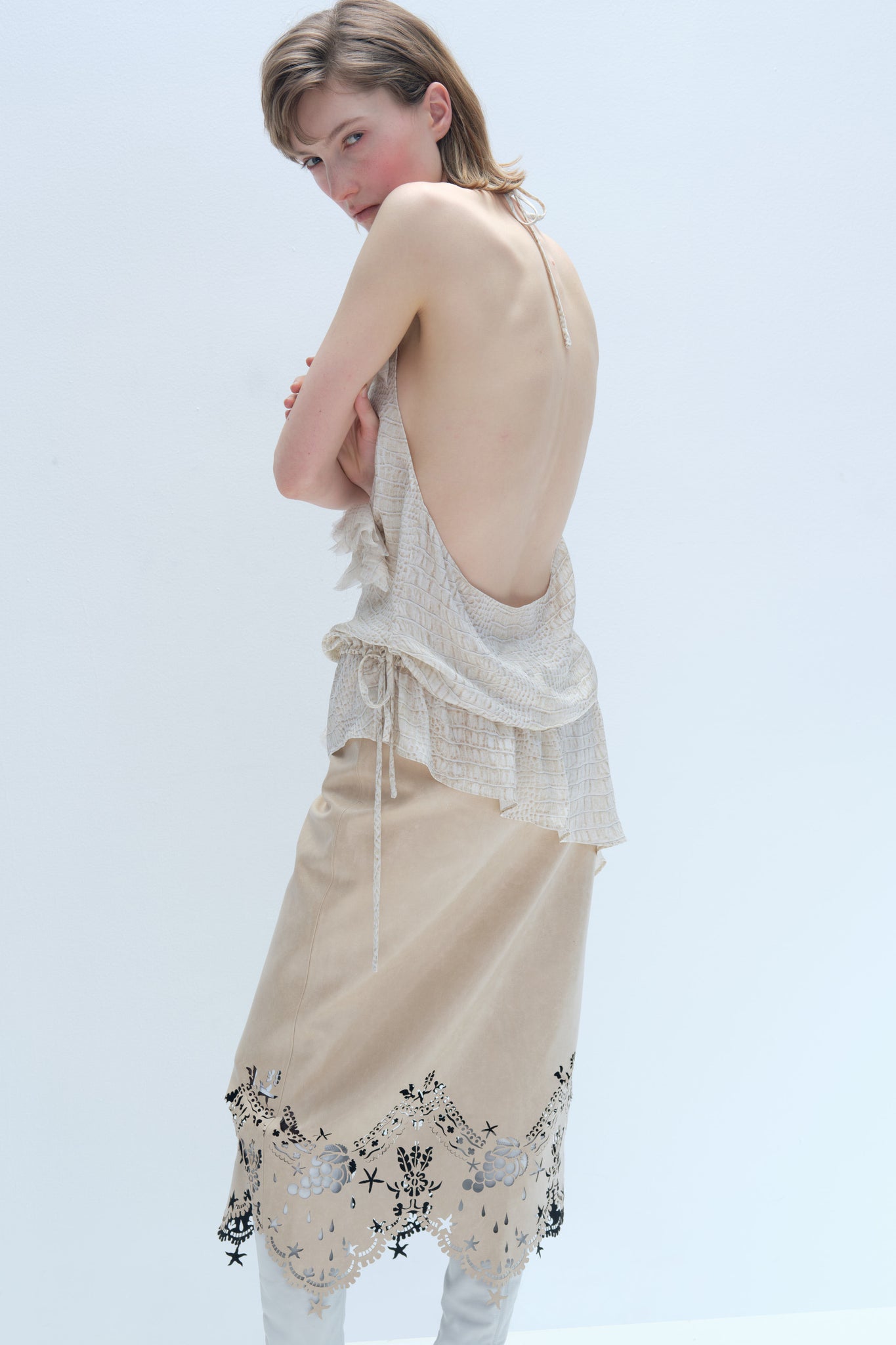 Nude Laser-Cut Lace Leather Skirt