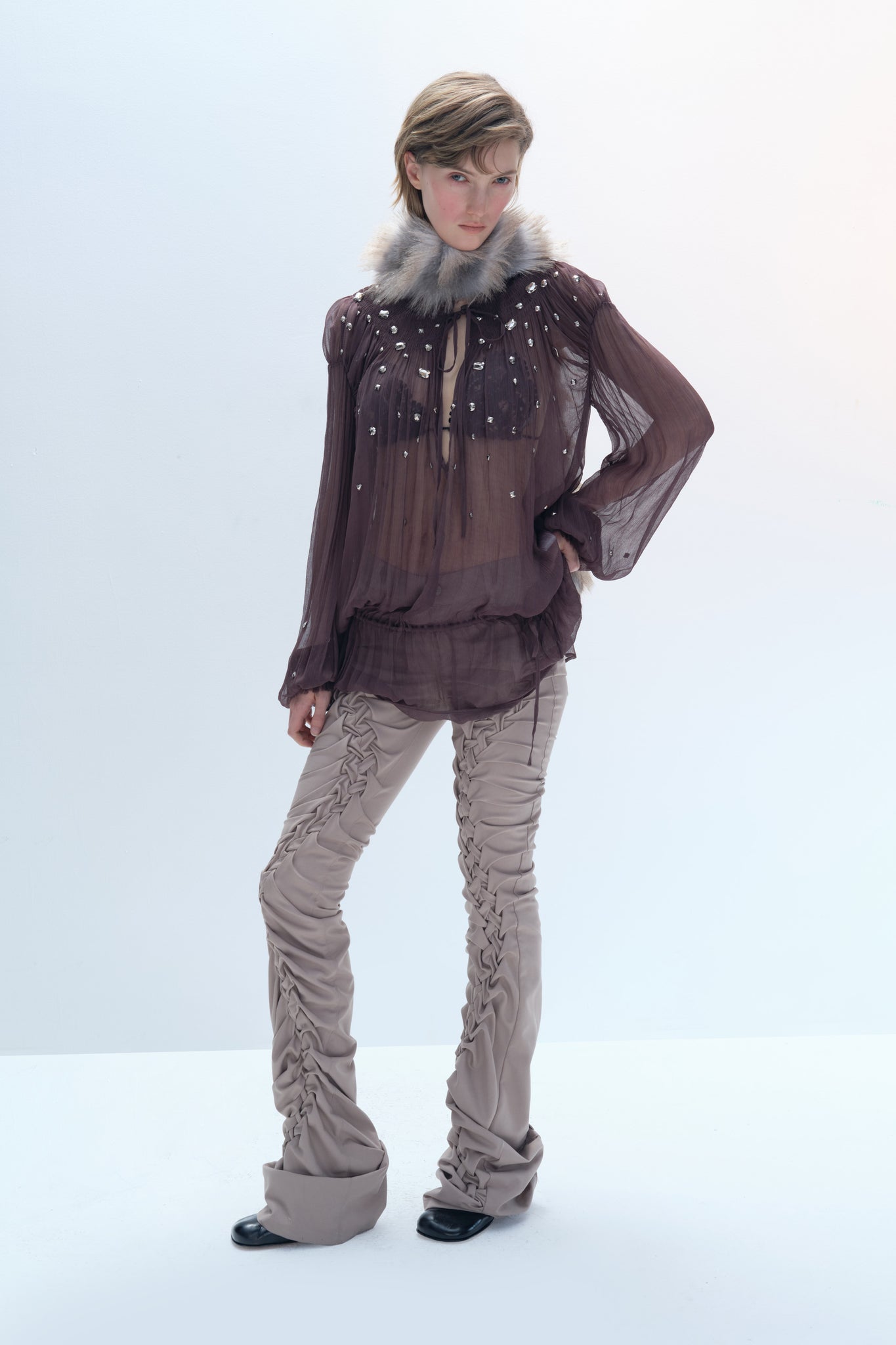 Silver Diamond Embellishment  Smocking Blouse