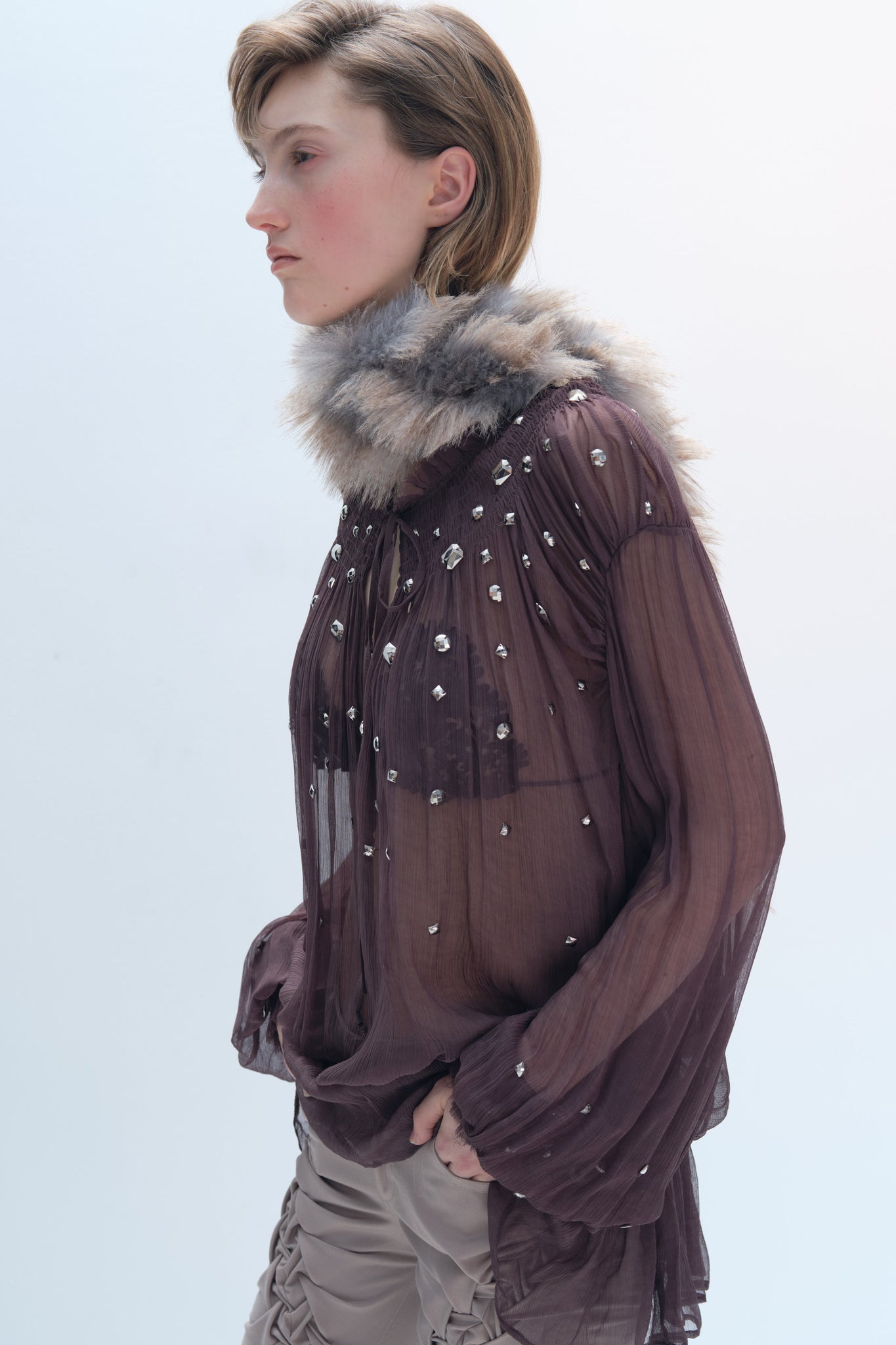 Silver Diamond Embellishment  Smocking Blouse