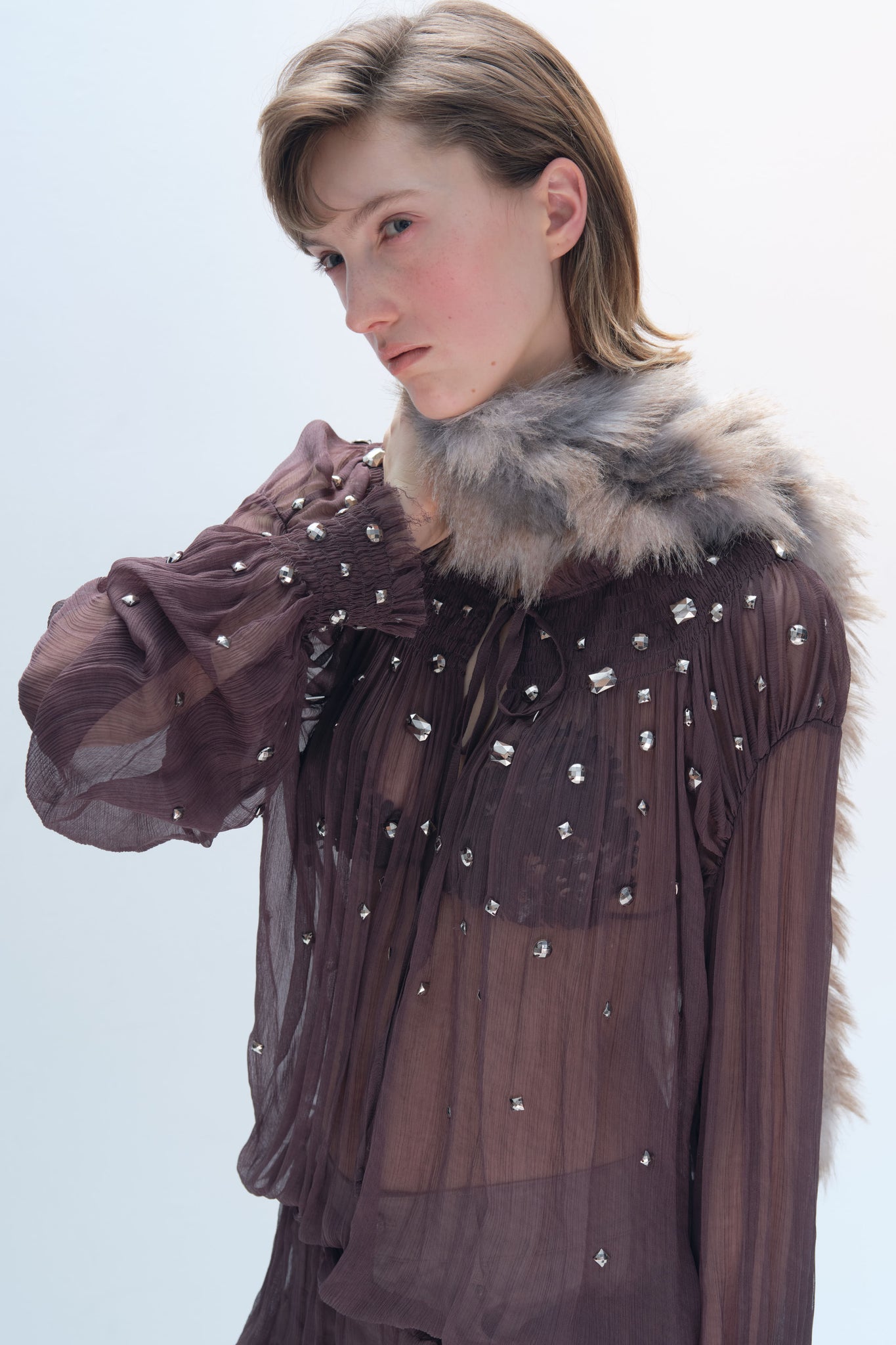 Silver Diamond Embellishment  Smocking Blouse