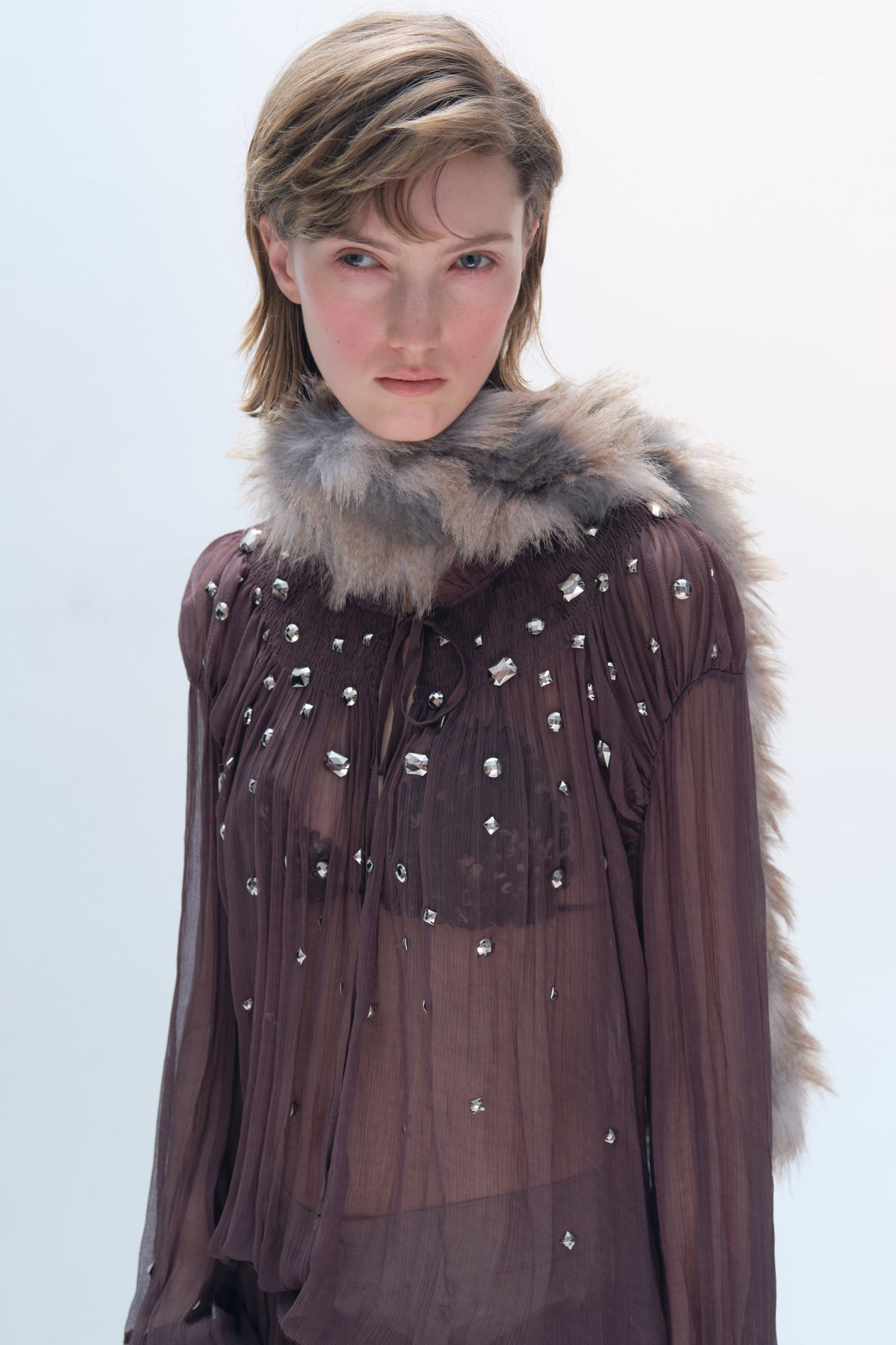 Silver Diamond Embellishment  Smocking Blouse