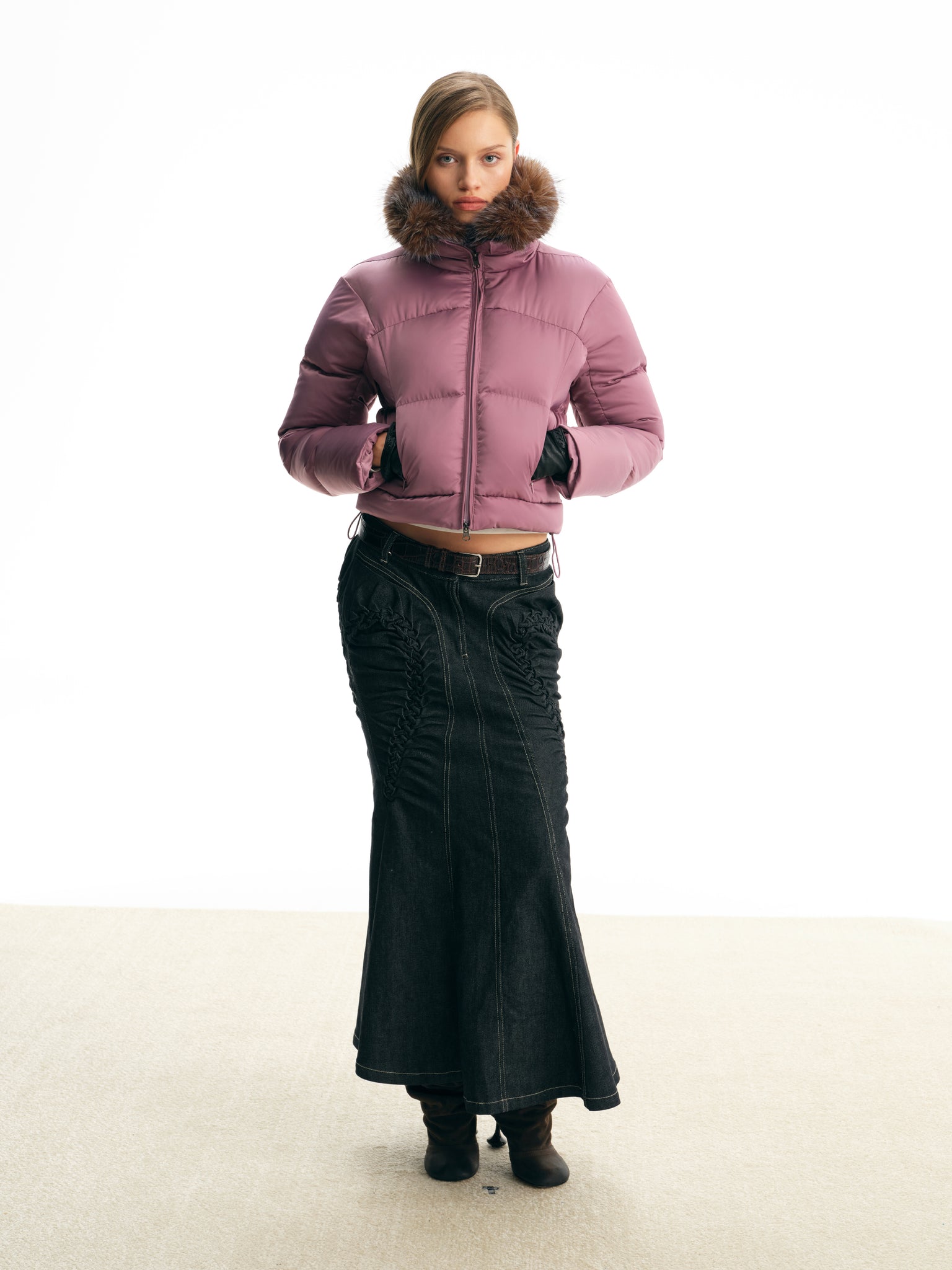 Purple Detachable Fur Collar Down Jacket