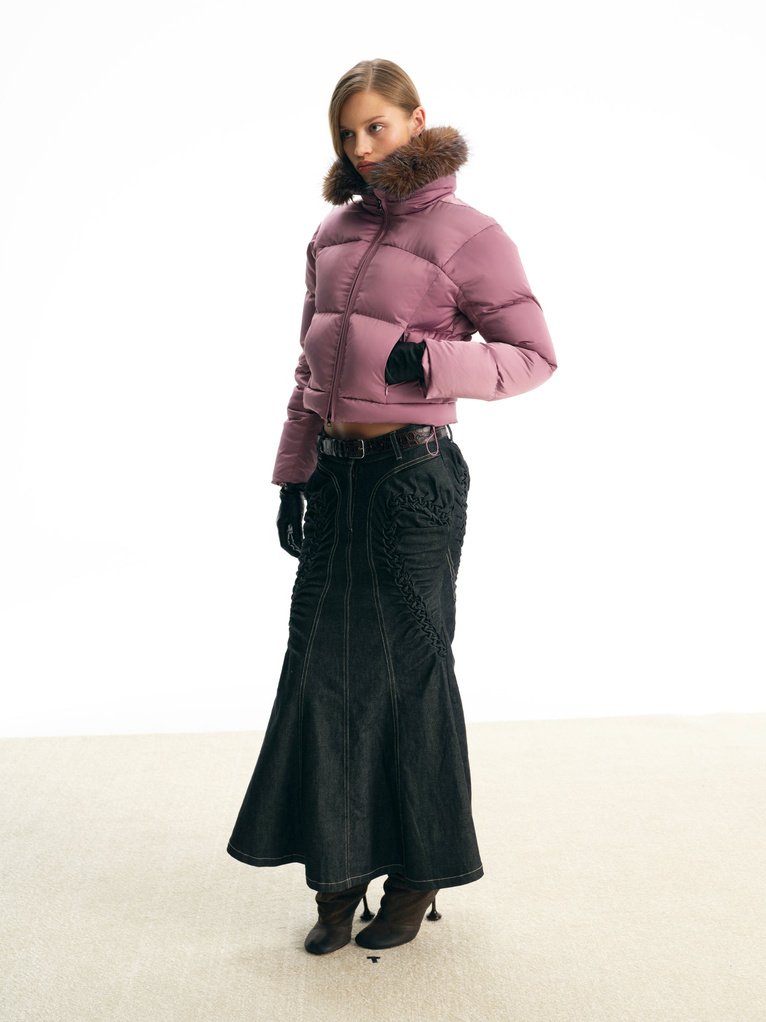 Purple Detachable Fur Collar Down Jacket