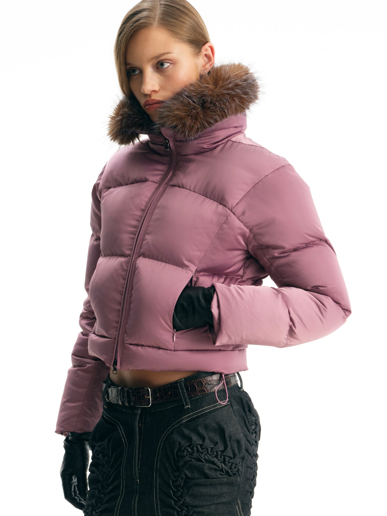 Purple Detachable Fur Collar Down Jacket