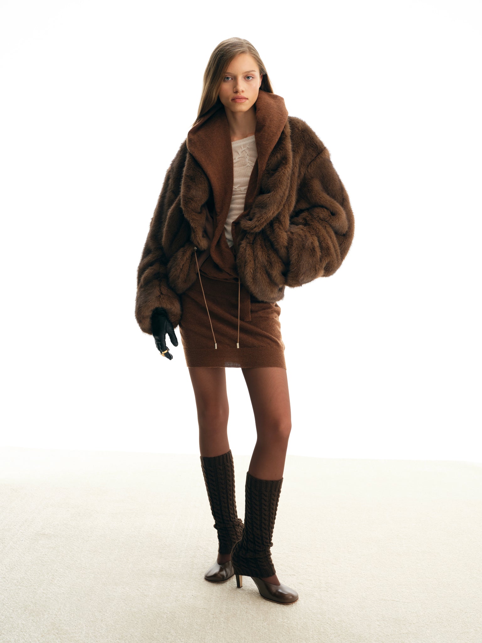 Chocolate Brown Drawstring Faux Fur Jacket