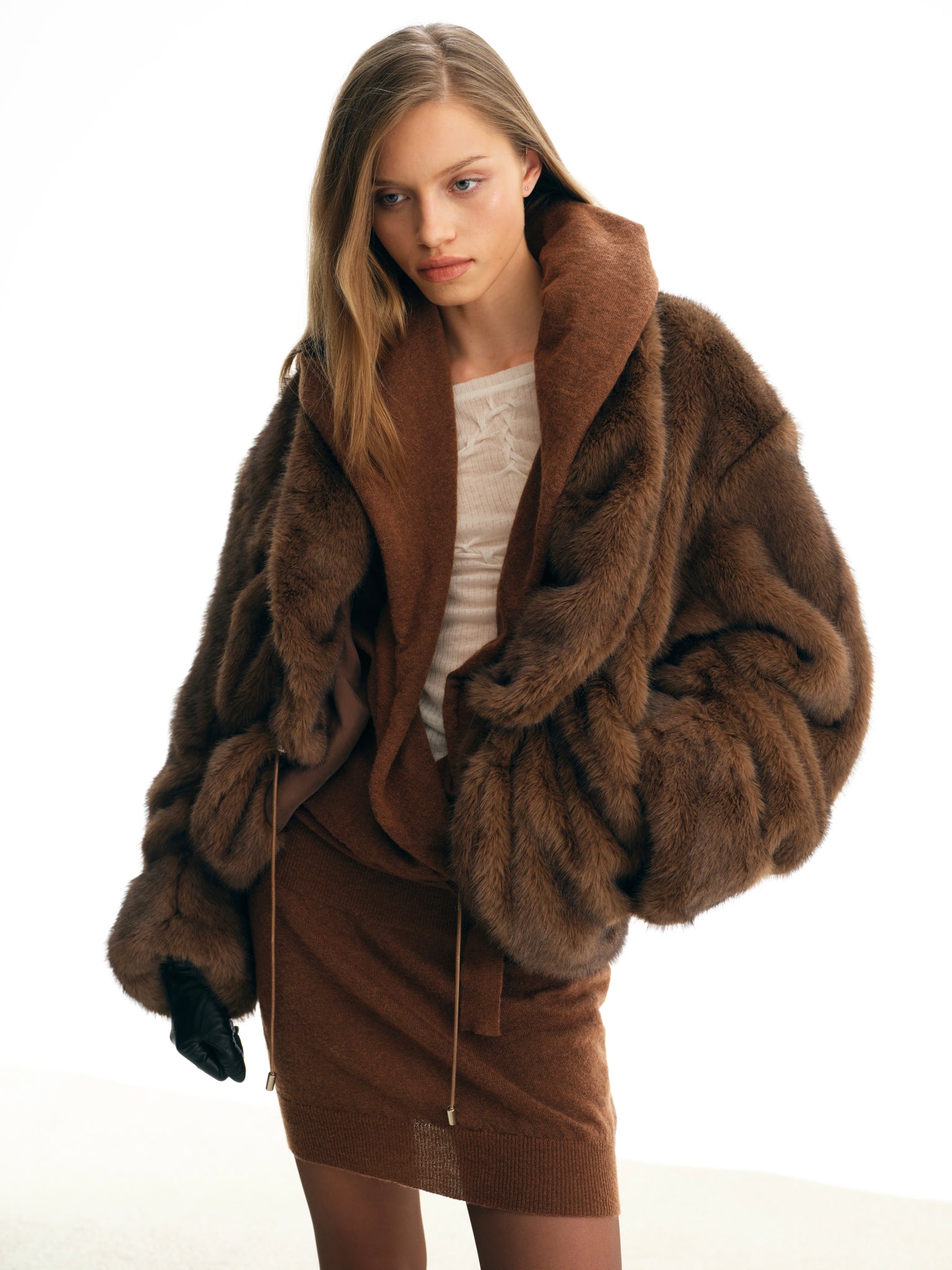 Chocolate Brown Drawstring Faux Fur Jacket