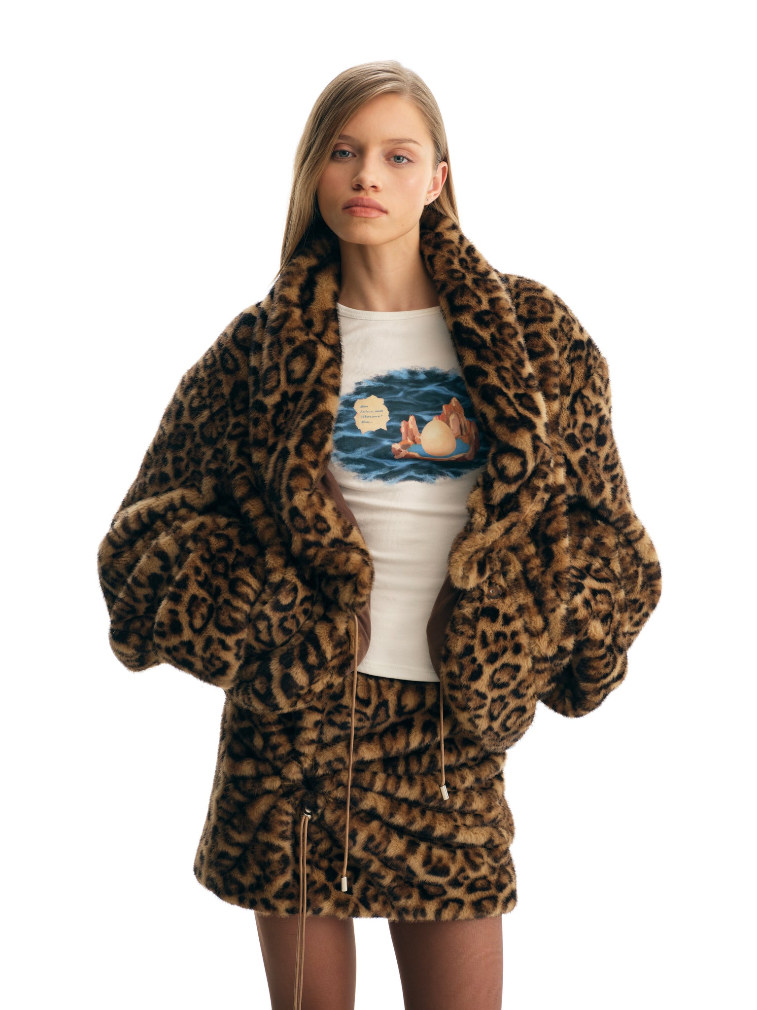 Leopard Drawstring Faux Fur  Jacket