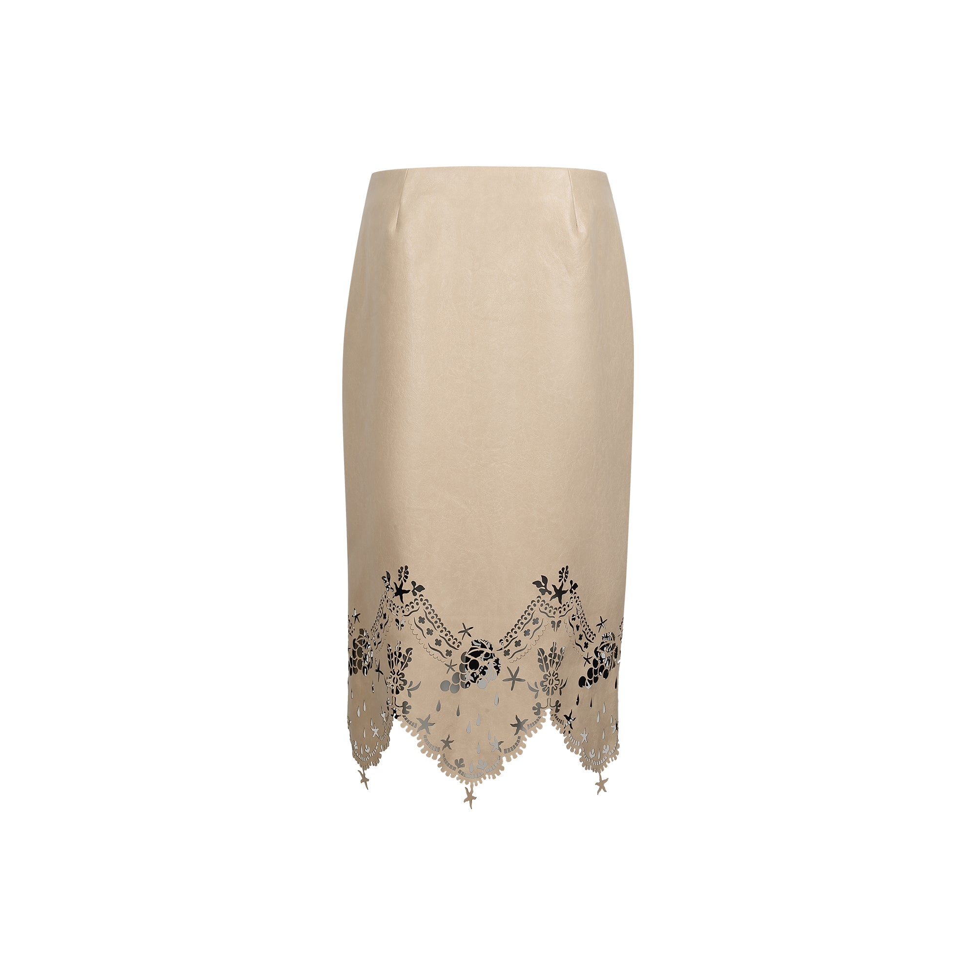 Nude Laser-Cut Lace Leather Skirt