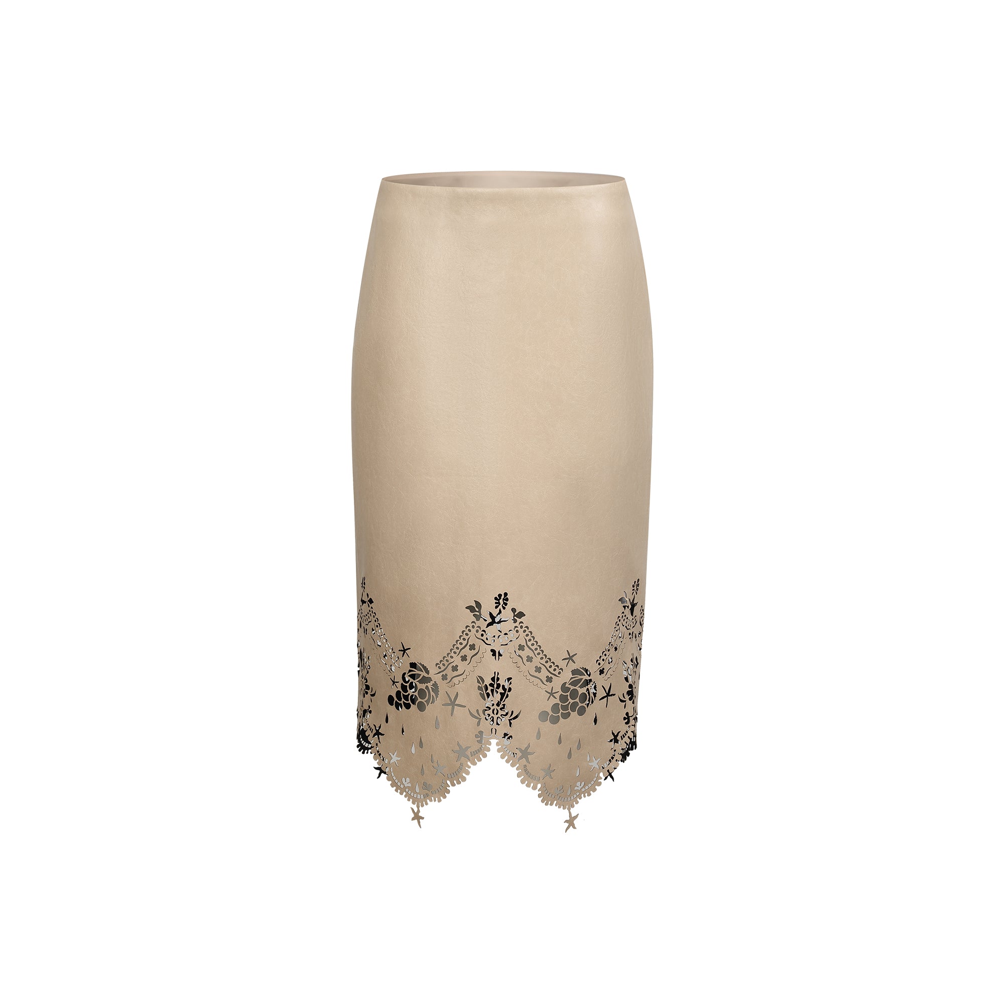 Nude Laser-Cut Lace Leather Skirt