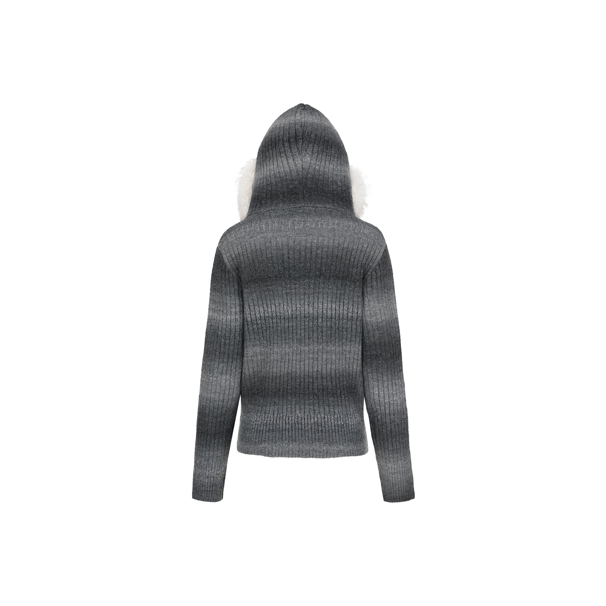 Gradient Grey Cardigan with Fur Hat
