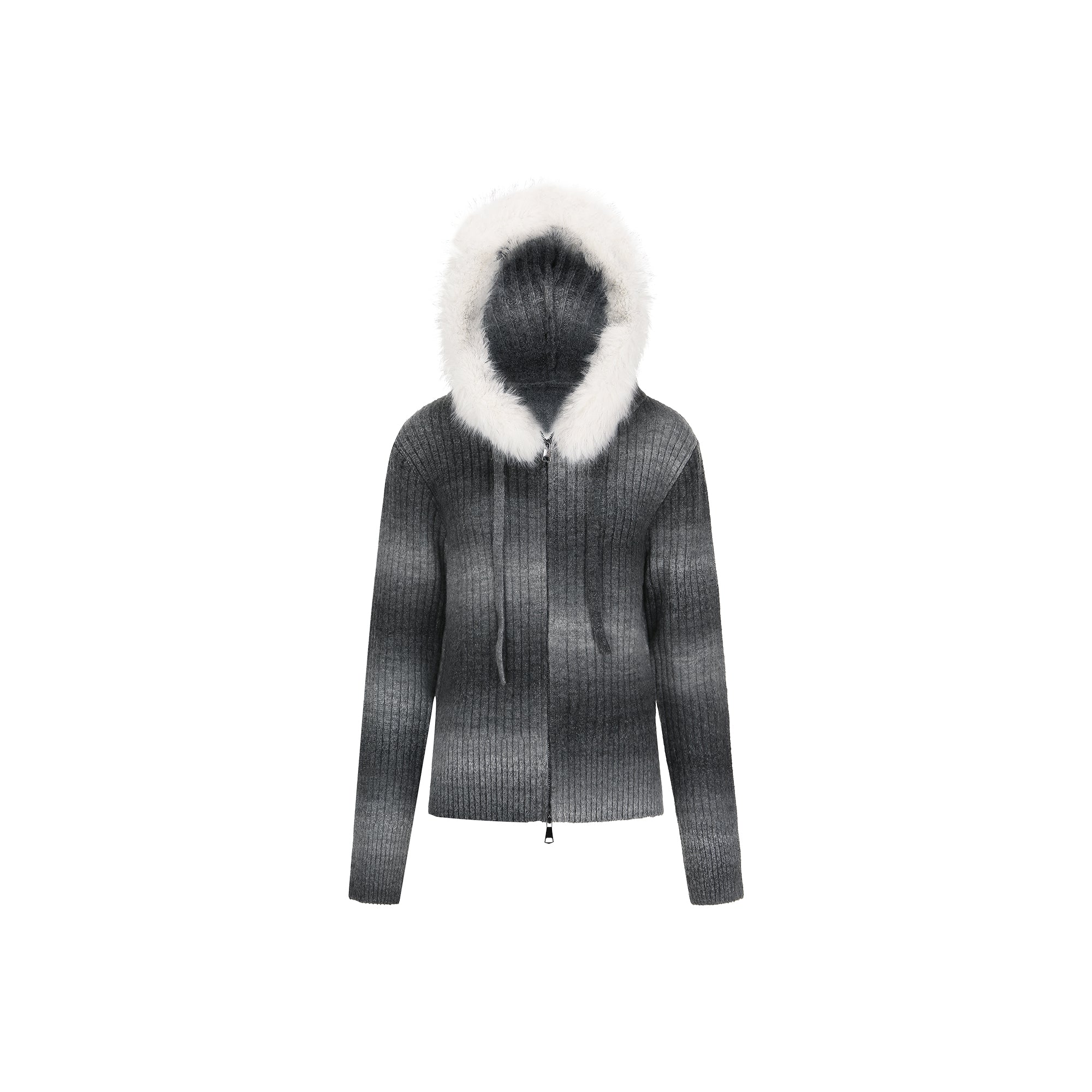 Gradient Grey Cardigan with Fur Hat