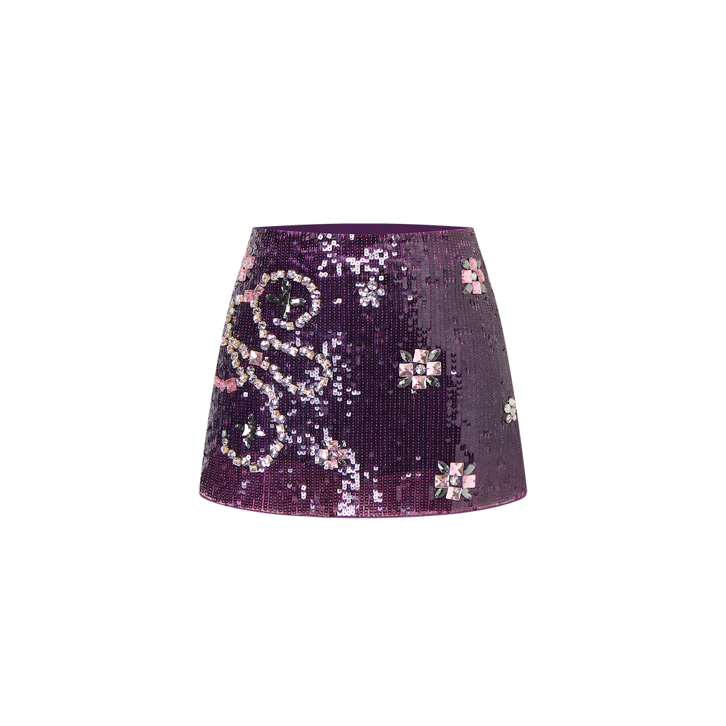 Purple Sequins Handcrafted Glass Rhinestone Pant-Skirt