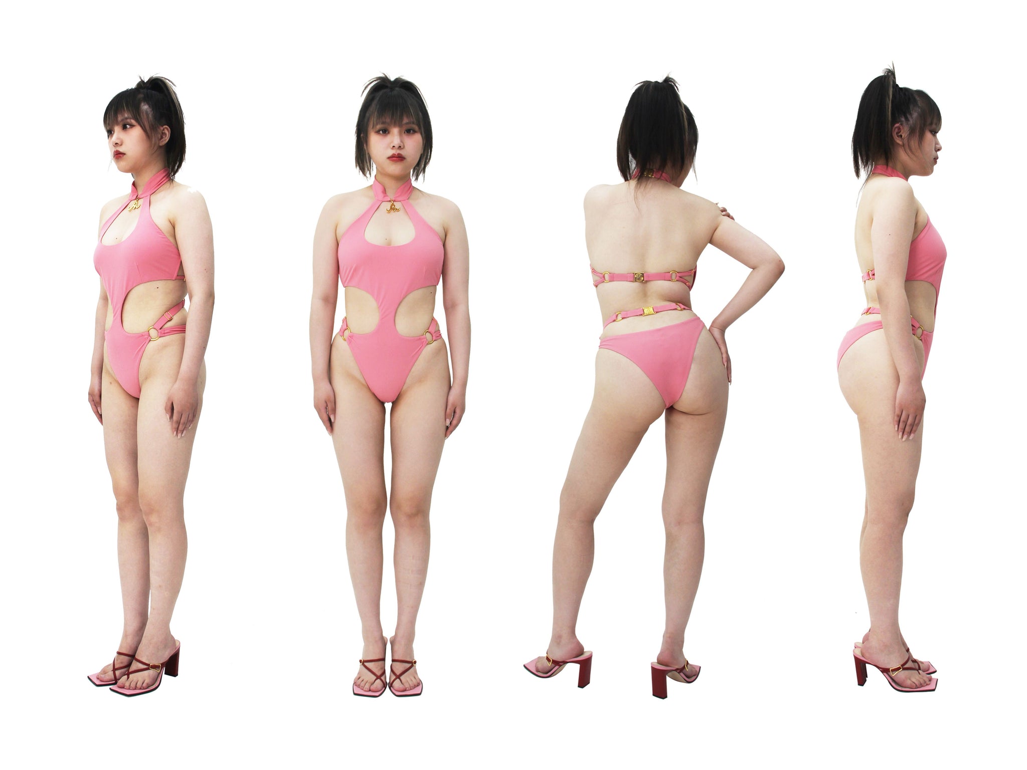 Pink Qipao One Piece Swimsuit decorated with customized RS logo pendant lookbook