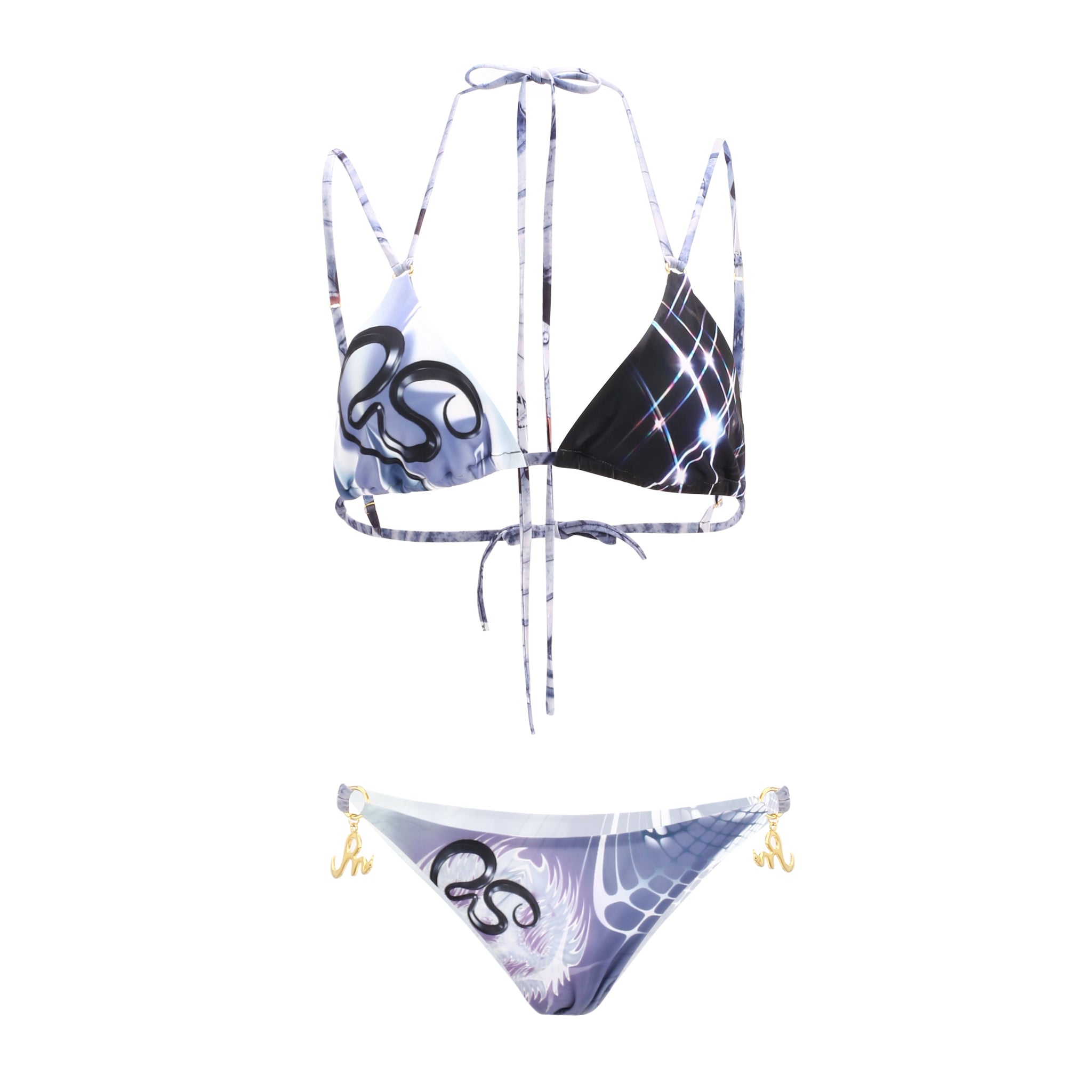 Grey Space Phantom Print Strappy Bikini Set