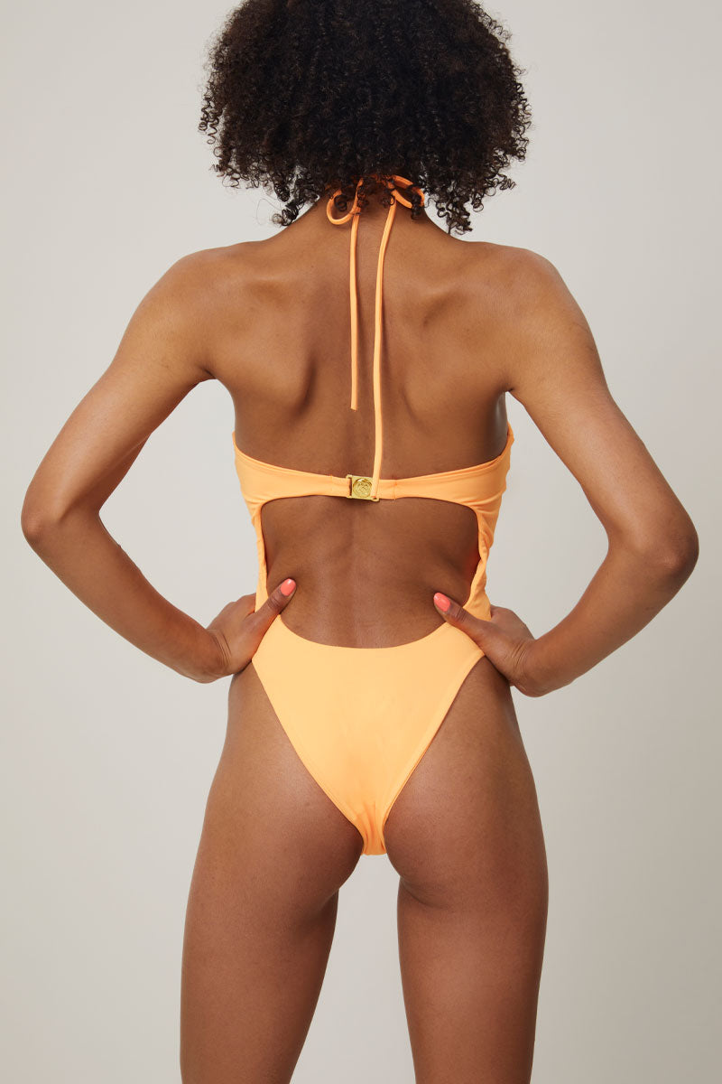 Orange Monstera Halter Swimsuit with Spiral Snow Hardware